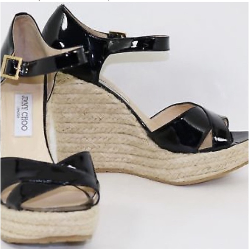 Jimmy Choo PALLIS Black Patent Gold Logo Espadrille Wedges EU 39 8 Sandals